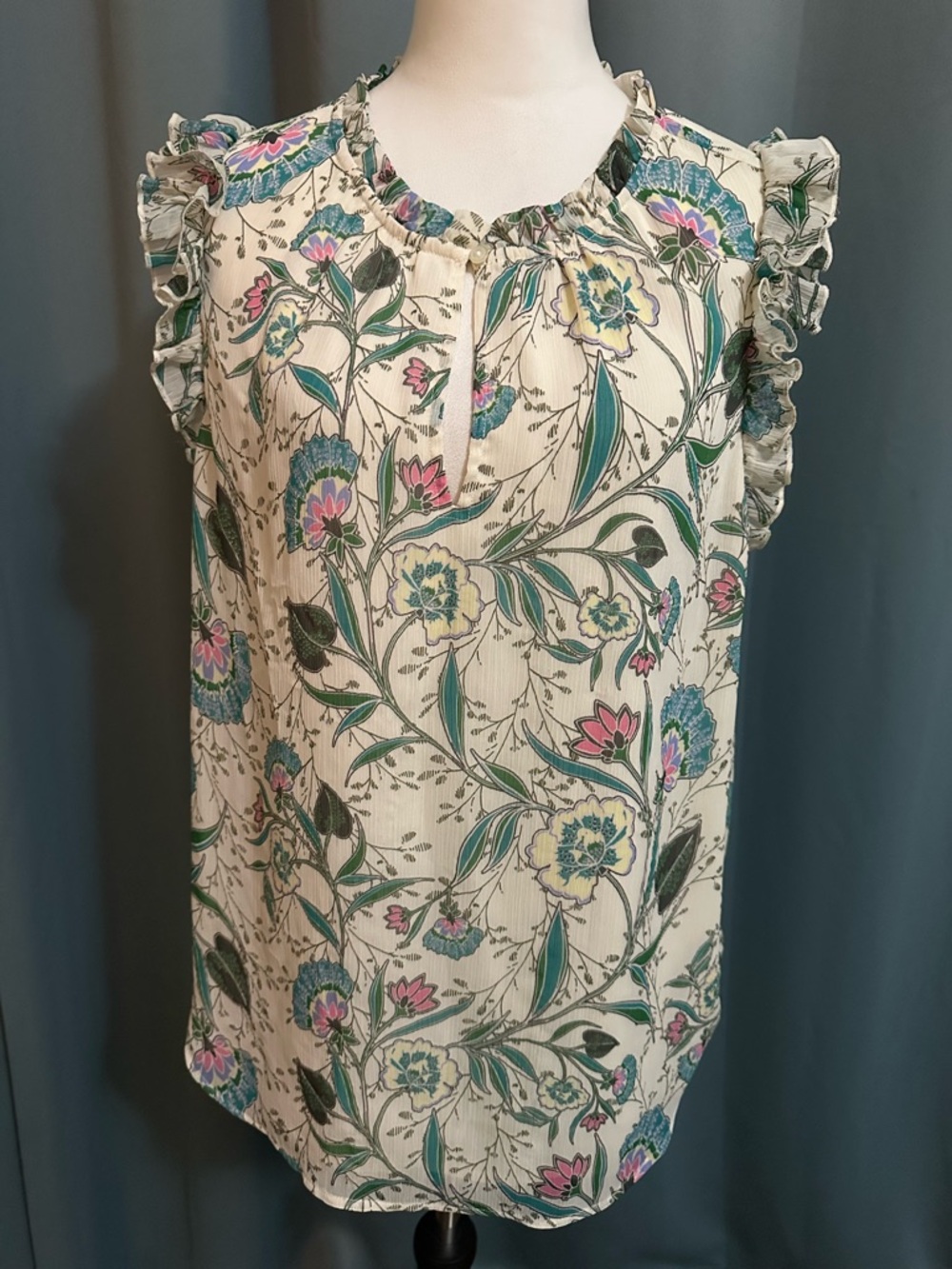 LOFT Floral Ruffle Sleeve Blouse XL Cream Teal Pink Split Neck Lined Boho Sleeve